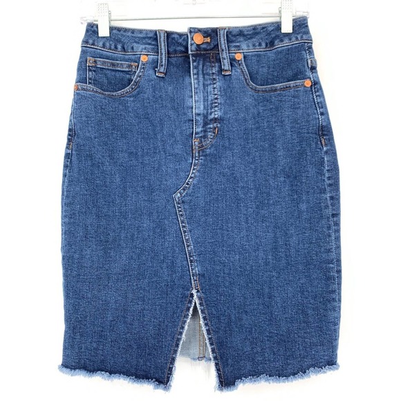 Madewell‎ Size 26 Stretch Denim Pegged Skirt Cutout Edition Raw Hem Medium Wash - Picture 2 of 9